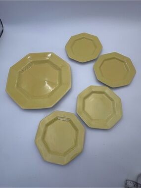Vintage Ironstone Yellow Ceramic Serving Plate and 4 Dessert Plates